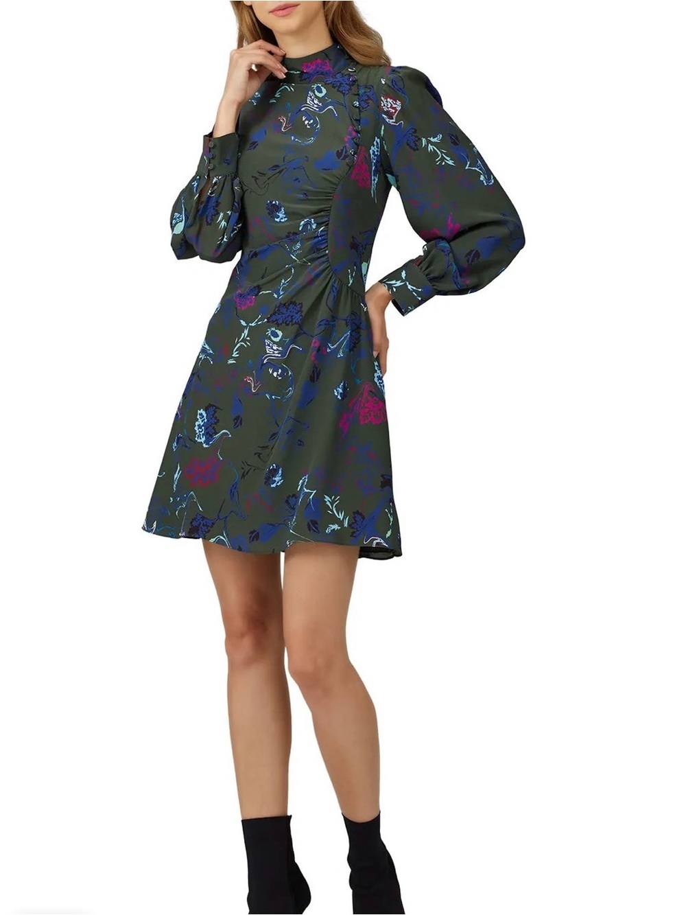 Tanya Taylor Green Clarisse Dress floral mini longsleeve silk hourglass 4